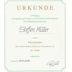 Ehrenurkunde zur Ehrennadel des LSK in Gold